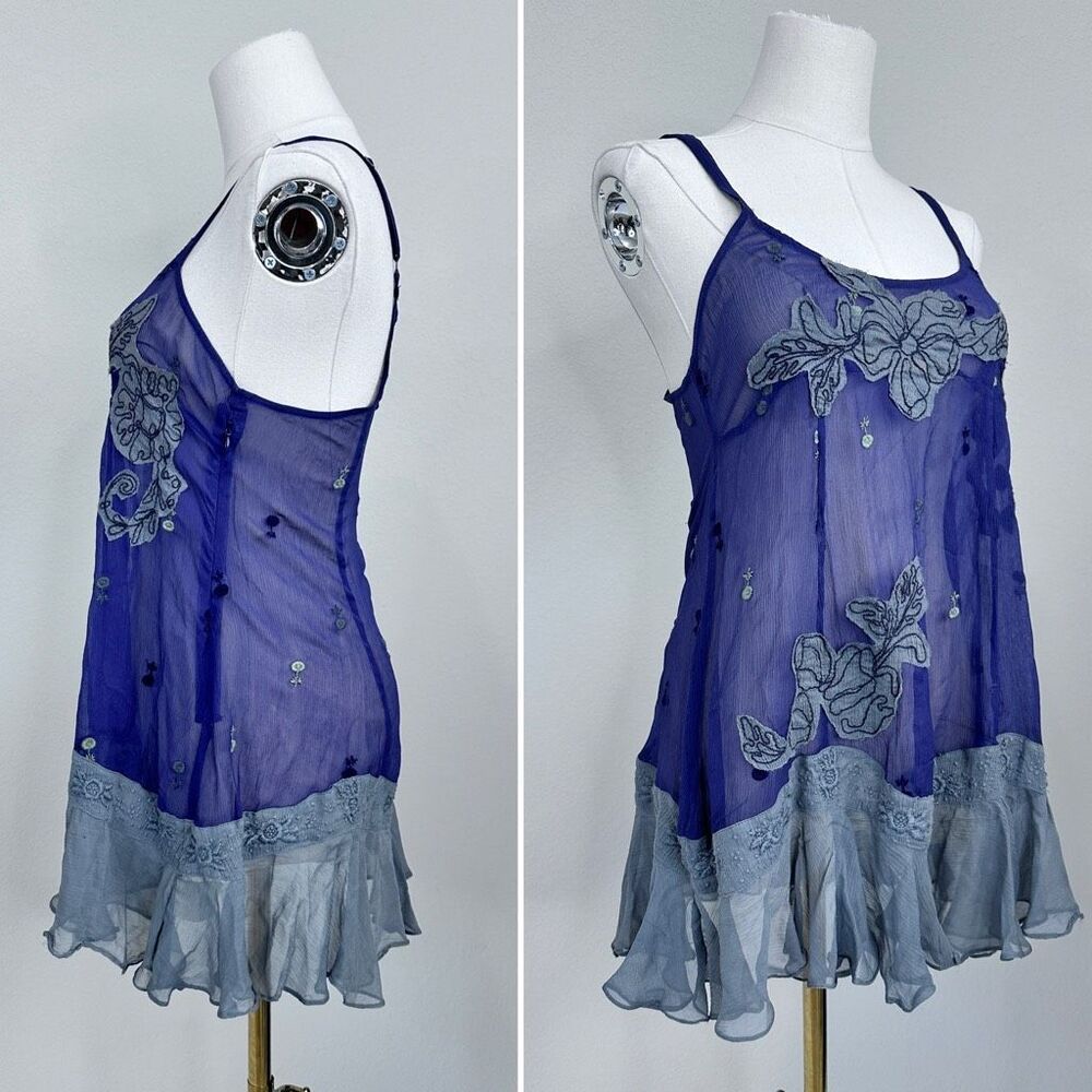 Free People Vintage Y2K Silk Embroidered Appliqué Cami Top 2 Boho Coquette Fairy - Picture 6 of 13